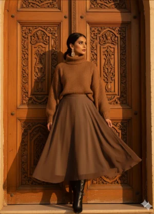 Chiffon Midi Skirt - Brown