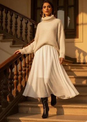 Chiffon Midi Skirt - Light Beige