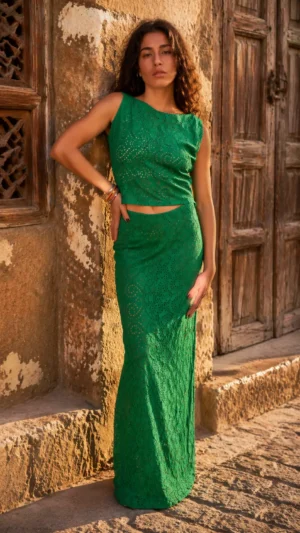 Green Embroidered Linen Set | Blouse & Skirt – Vivica