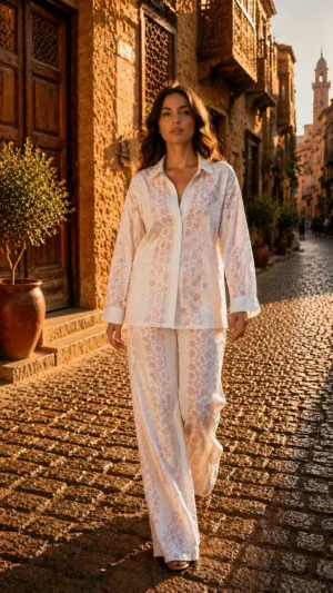 Kashmir Linen Set | White Linen Co-Ord with Embroidery – Vivica