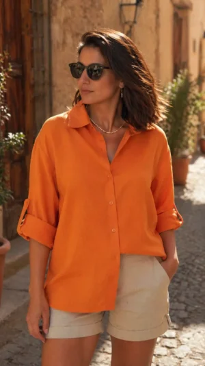 Orange Linen Relaxed Shirt