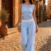 Sky Blue Cotton Set | Wide-Leg Pants & Sleeveless Top