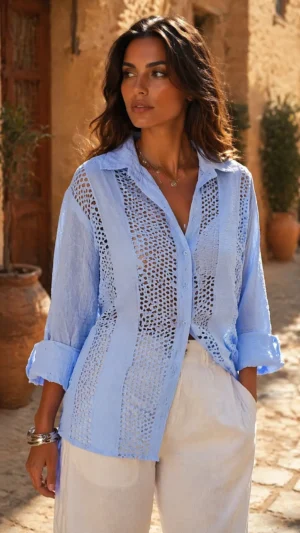 Sky Blue Cotton Embroidered Shirt