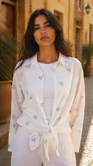 White Linen Floral Shirt | Embroidered Women’s Shirt – Vivica