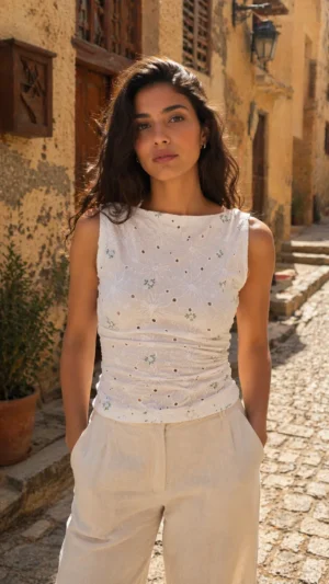 White Cotton Floral Embroidery Top