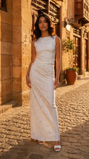 White Floral Linen Set | Blouse & Skirt with Side Slit – Vivica